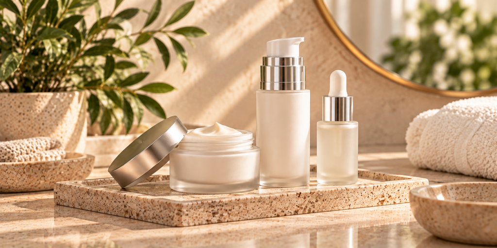 Topical skincare creams and serum in a warm wellness setting