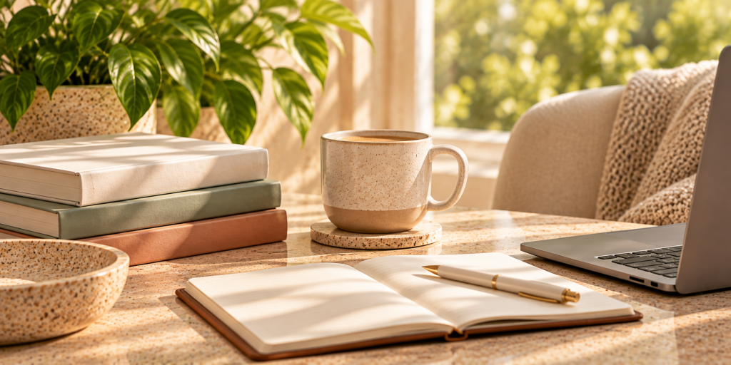 Books, notebook and warm drink in a sunlit learning space
