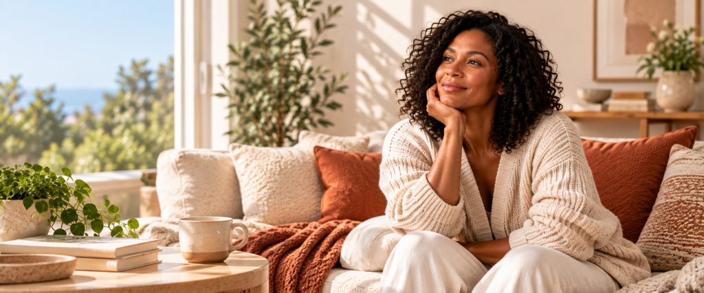 Person relaxing in a warm sunlit home setting